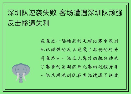 深圳队逆袭失败 客场遭遇深圳队顽强反击惨遭失利