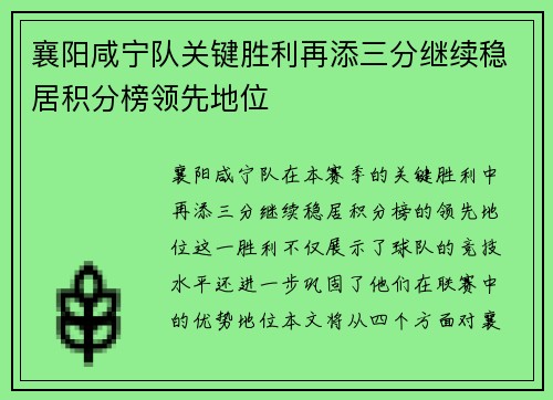 襄阳咸宁队关键胜利再添三分继续稳居积分榜领先地位