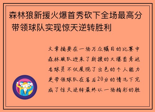 森林狼新援火爆首秀砍下全场最高分 带领球队实现惊天逆转胜利