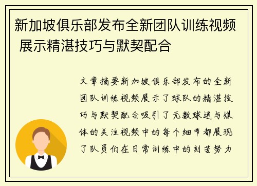 新加坡俱乐部发布全新团队训练视频 展示精湛技巧与默契配合