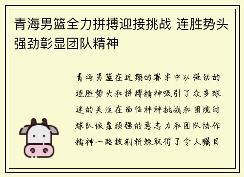 青海男篮全力拼搏迎接挑战 连胜势头强劲彰显团队精神