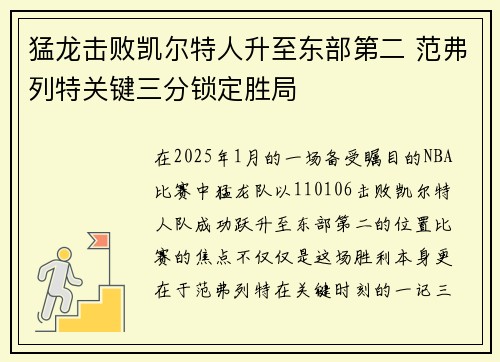 猛龙击败凯尔特人升至东部第二 范弗列特关键三分锁定胜局