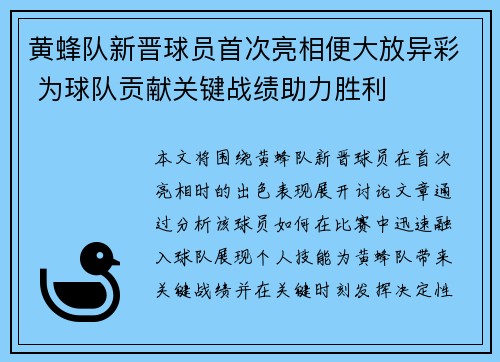 黄蜂队新晋球员首次亮相便大放异彩 为球队贡献关键战绩助力胜利